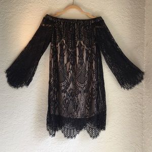 Off the Shoulder Lace and Beige Cocktail Dress